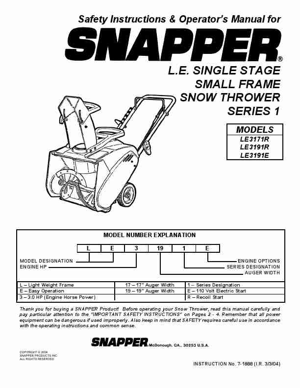 Snapper Snow Blower LE3171R, LE3191R, LE3191E-page_pdf